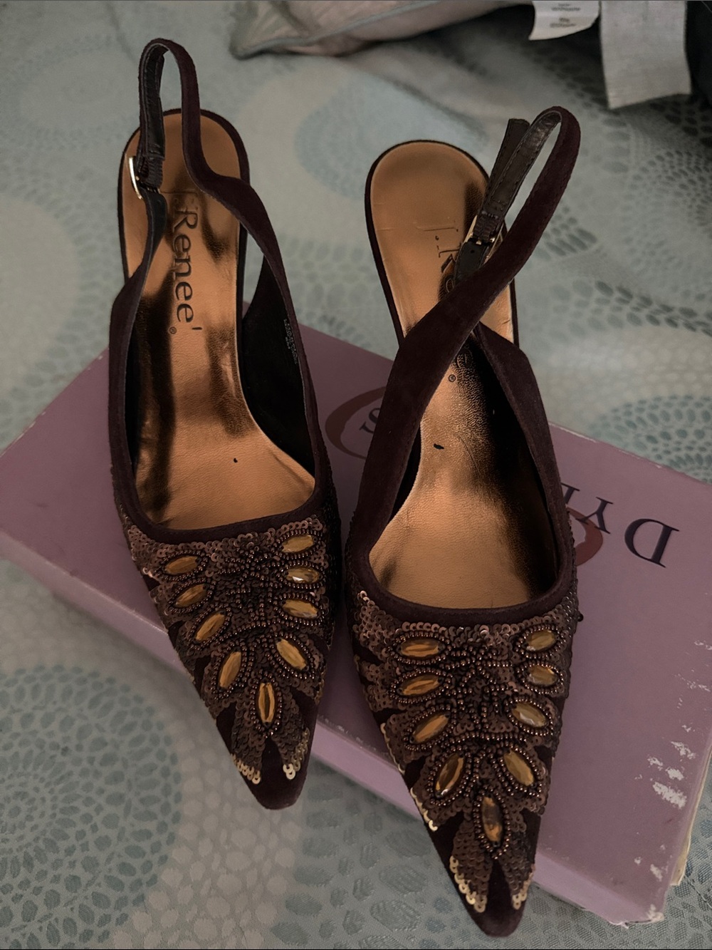 J.Renee Embellished Pointed-Toe Slingback Heels in Deep Brown